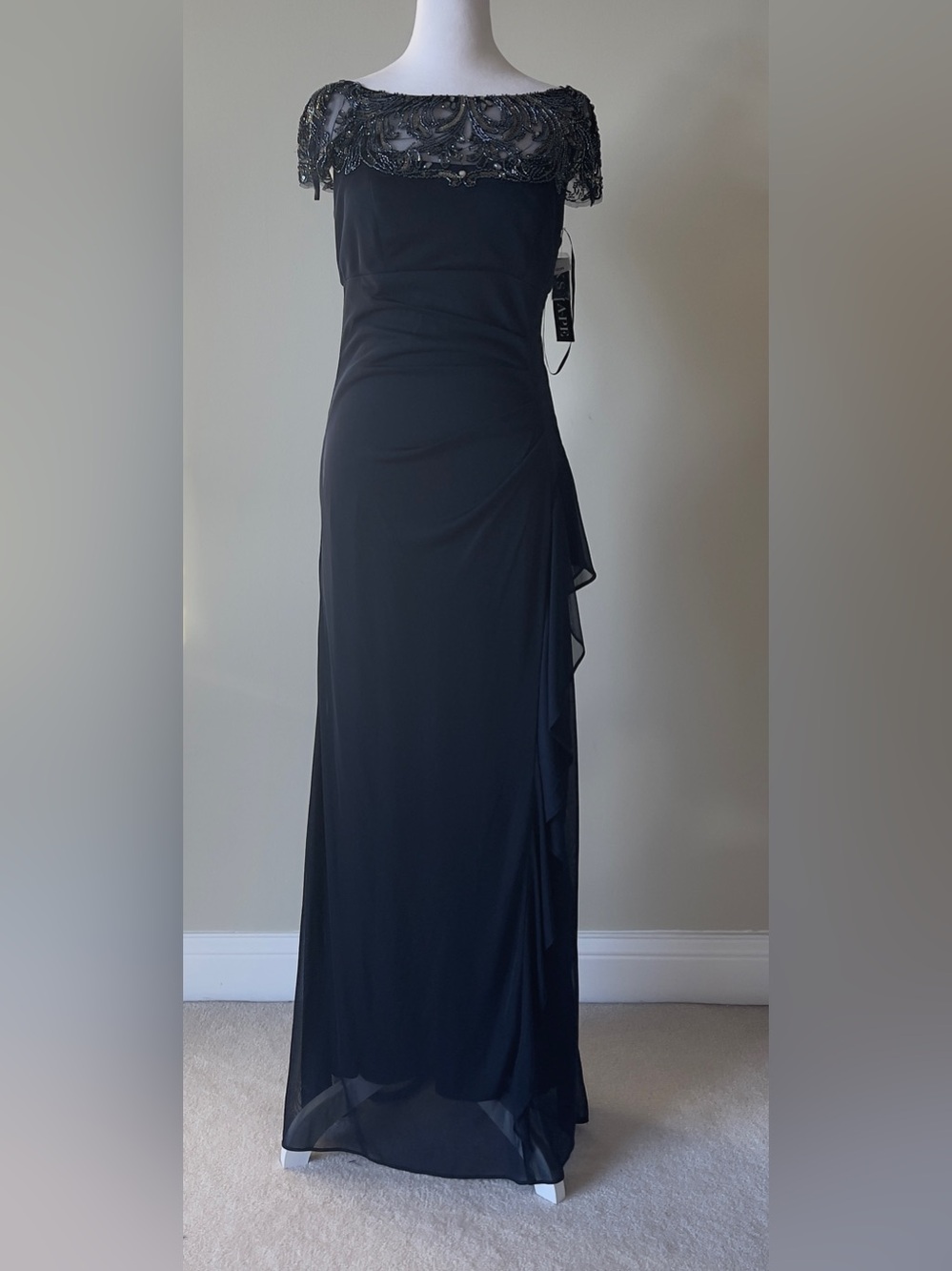 Xscape "KHLOE" Black Beaded Sheer Matte Jersey Embellished Maxi Dress NWT Size 8